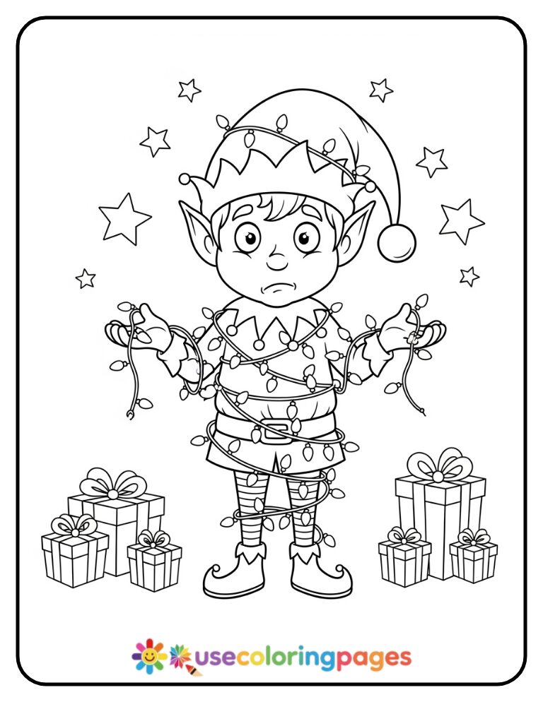 Elf Wrapped in Christmas Lights Coloring Page