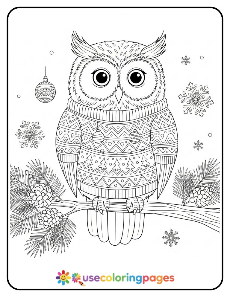 Festive Owl in a Winter Sweater Coloring Page