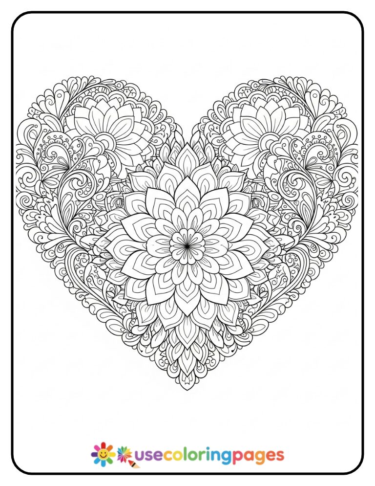 Floral Mandala Heart Coloring Page for Adults