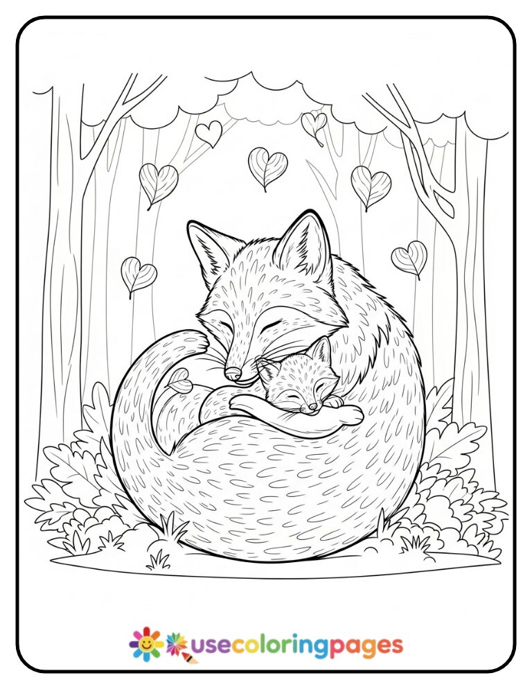 Fox Parent and Pup with Heart Leaves Coloring Page
