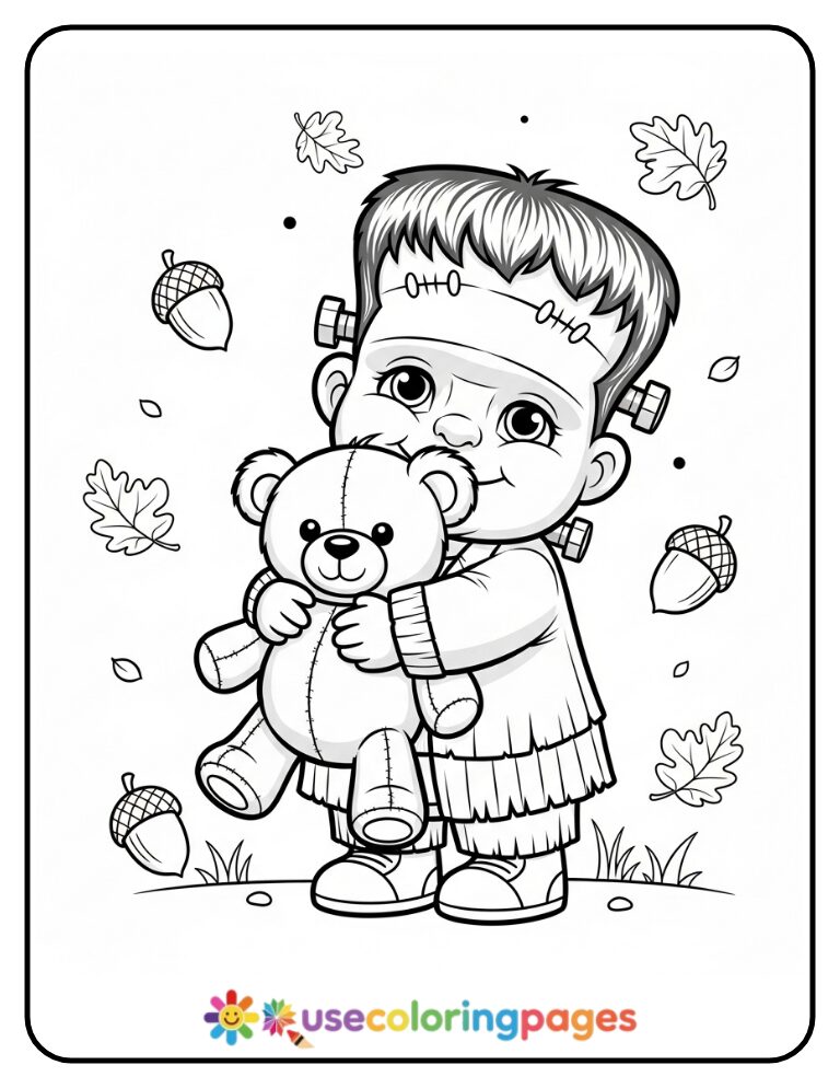 Frankenstein Teddy Hug Coloring Page Printable