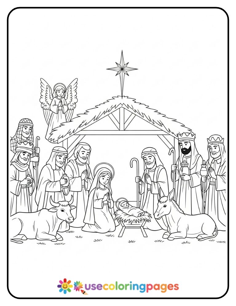 Full Nativity Scene with Animals Coloring Page