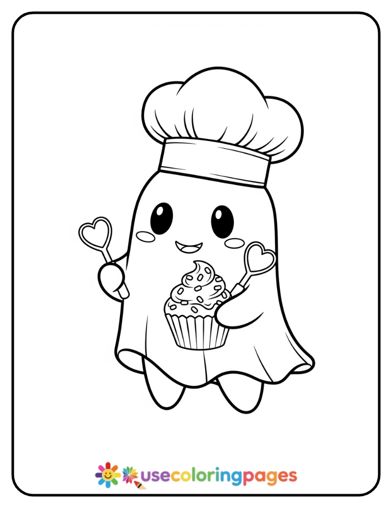 Ghost Cupcake Baker Coloring Page Printable