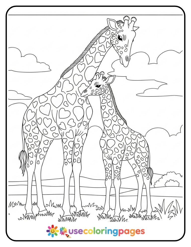 Giraffe Parent and Baby with Heart Spots Coloring Page
