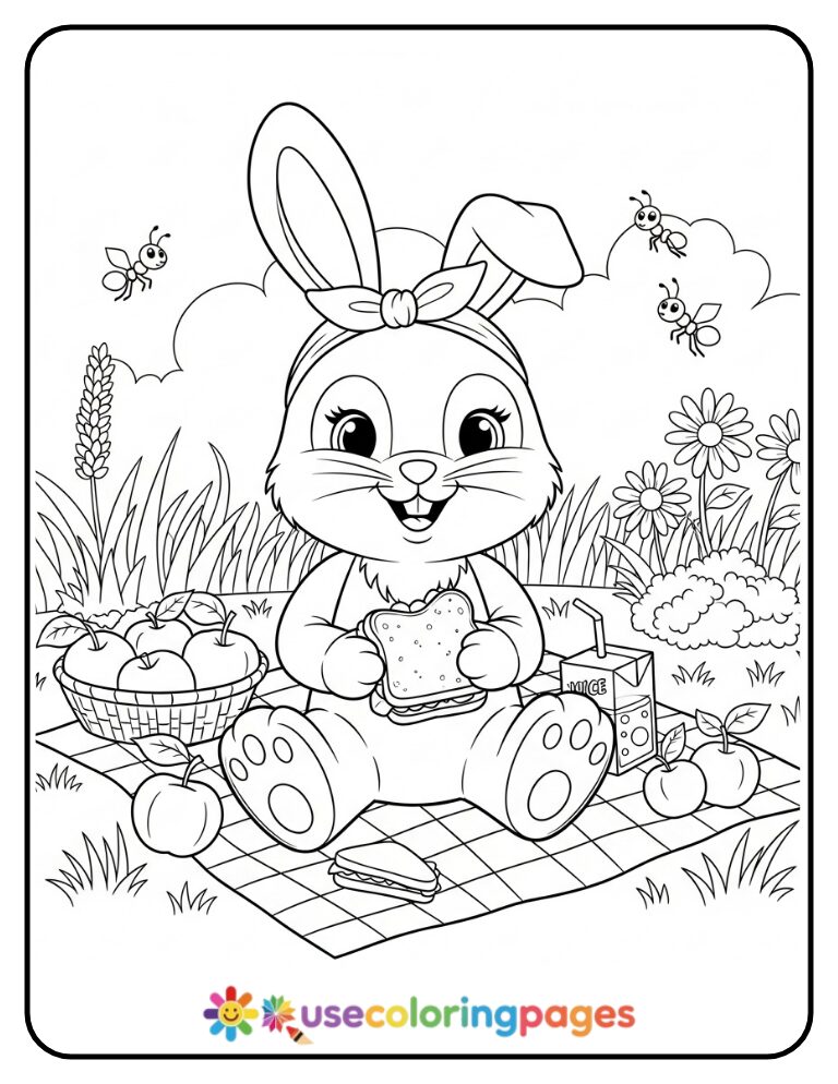 Girl Bunny Having a Picnic Coloring Page