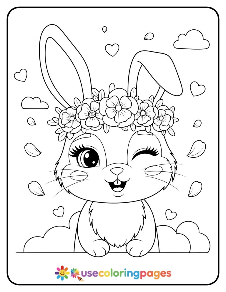 Girl Bunny with a Flower Crown Coloring Page