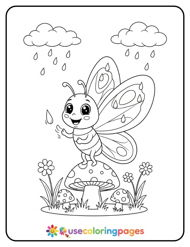 Happy Butterfly Catching Raindrops Coloring Page For Kids