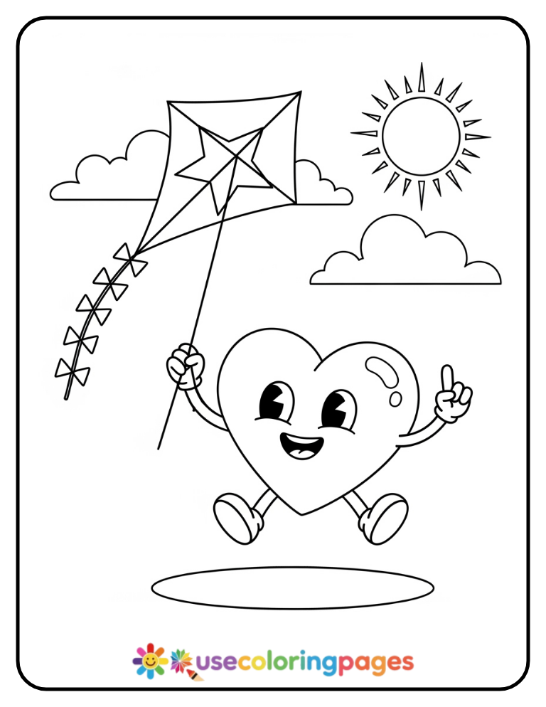 Happy Heart Flying a Kite Coloring Page For Kids