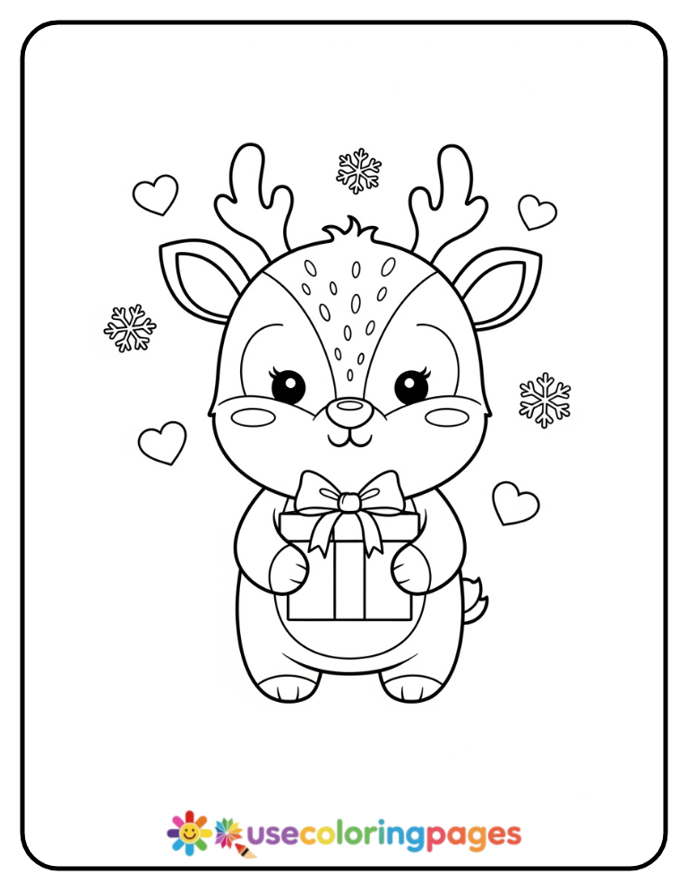 Happy Reindeer Holding a Present Coloring Page