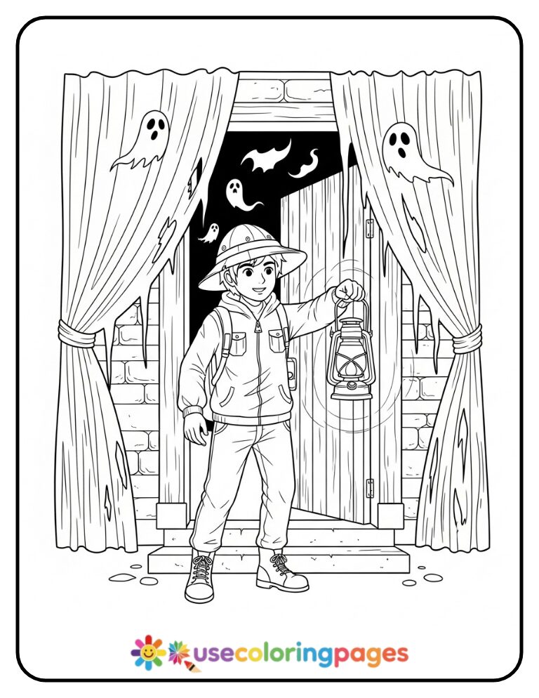 Haunted House Exploration Coloring Page Printable
