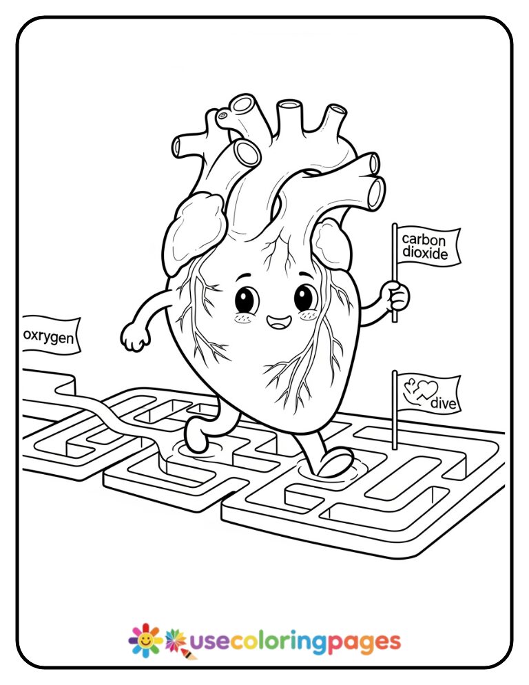 Heart Exploring Blood Flow Maze Coloring Page