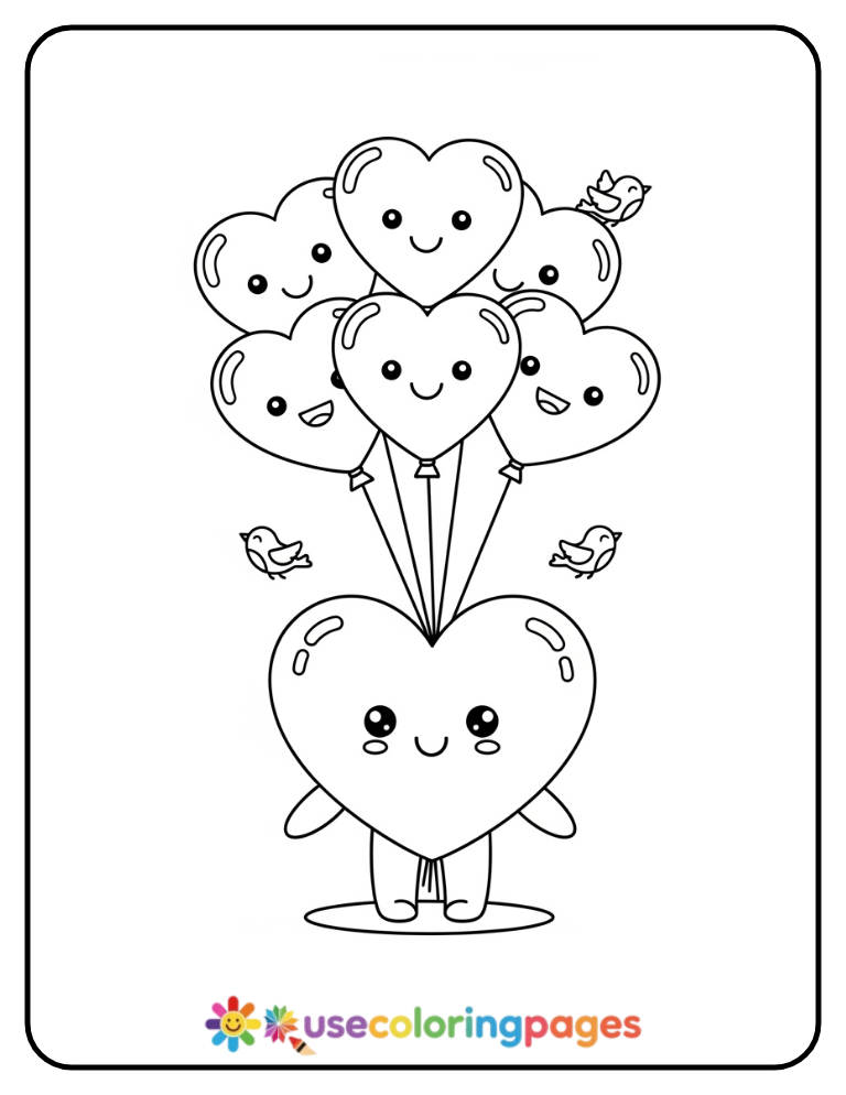 Heart Holding Balloons Coloring Page Printable
