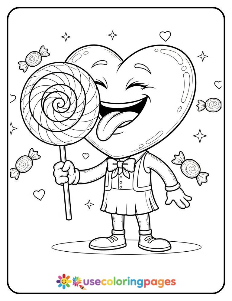 Heart Holding a Lollipop Coloring Page