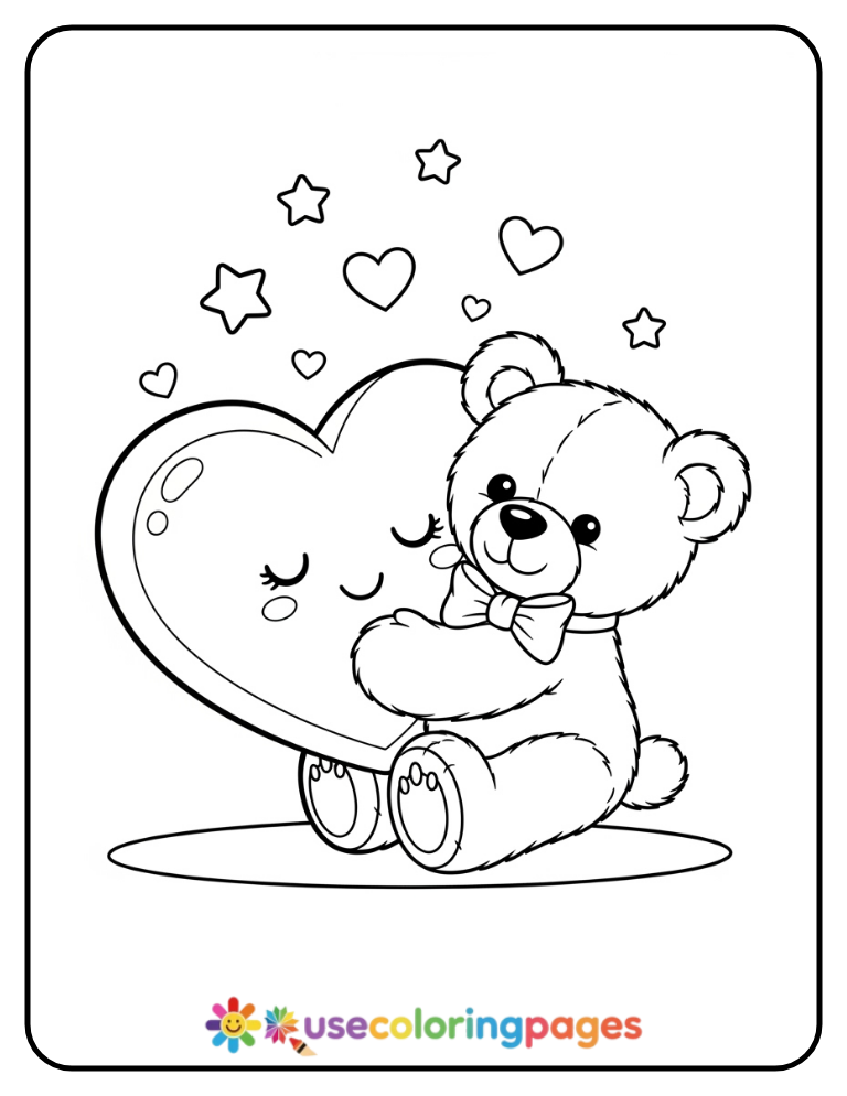 Heart Hugging Teddy Bear Coloring Page