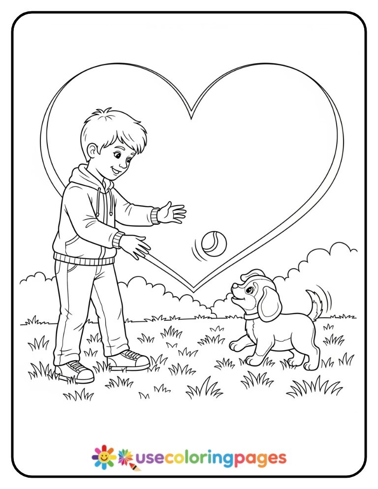 Heart Playing With Puppy Coloring Page