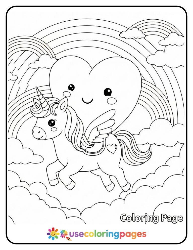 Heart Riding on a Unicorn Coloring Page