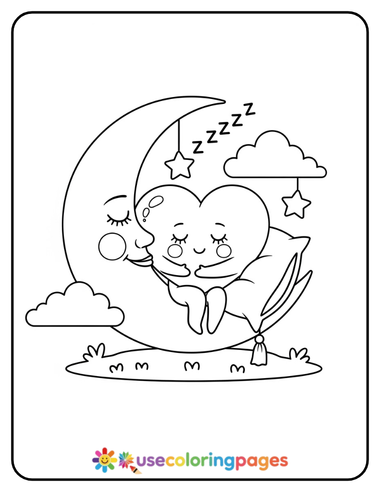 Heart Sitting on a Moon Coloring Page