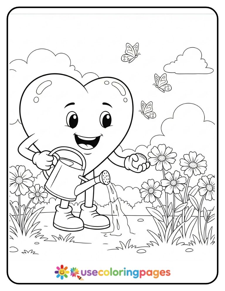 Heart Watering Flowers Coloring Page Printable