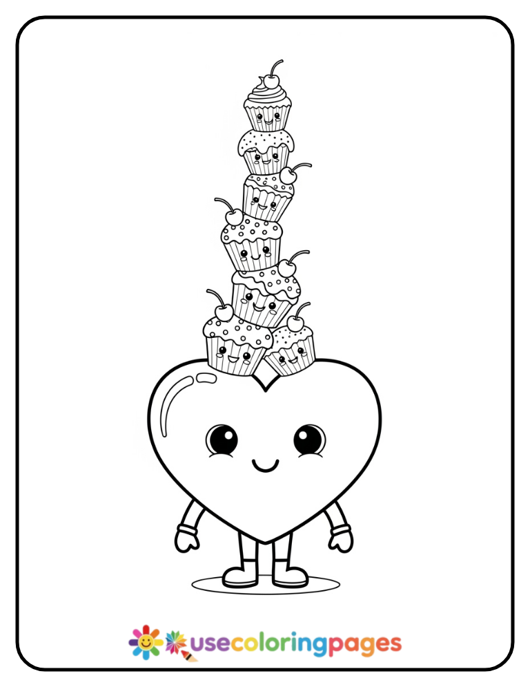 Heart With Cupcake Tower Coloring Page