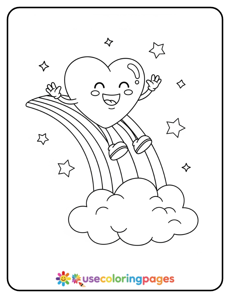 Heart With Rainbow and Cloud Coloring Page