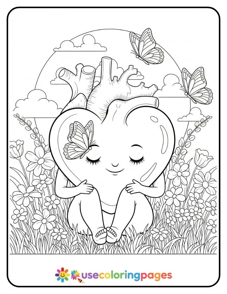 Heart with Butterfly Friends Coloring Page