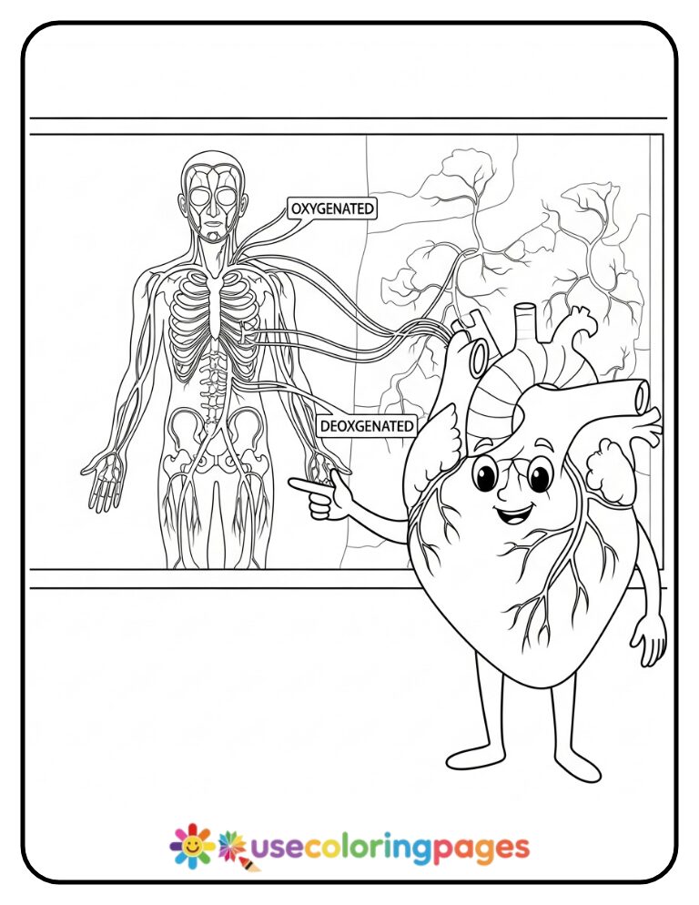 Heart with Circulatory System Map Coloring Page