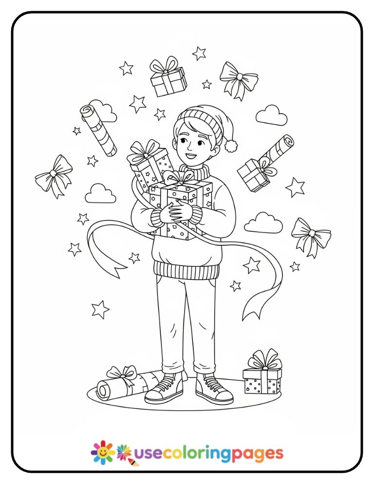 Holiday Gift Wrapping Coloring Page Printable