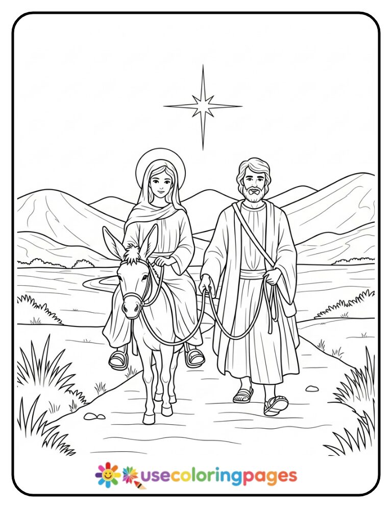 Holy Family Traveling to Bethlehem Coloring Page