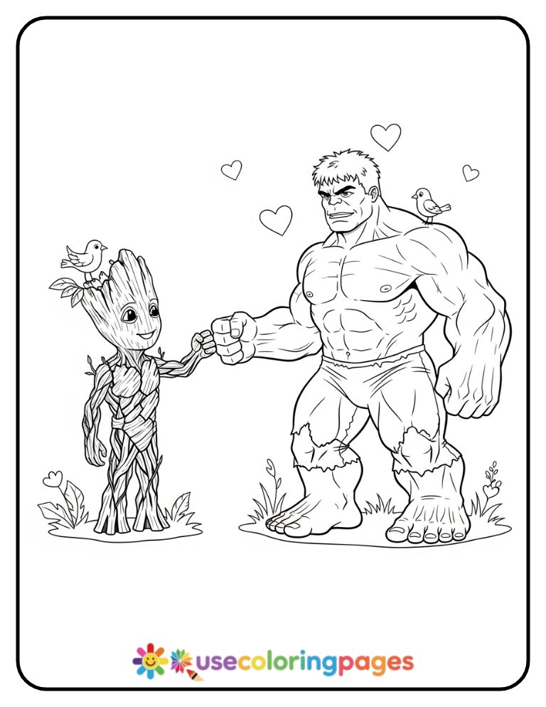 Hulk And Groot Fist Bump Coloring Page Printable