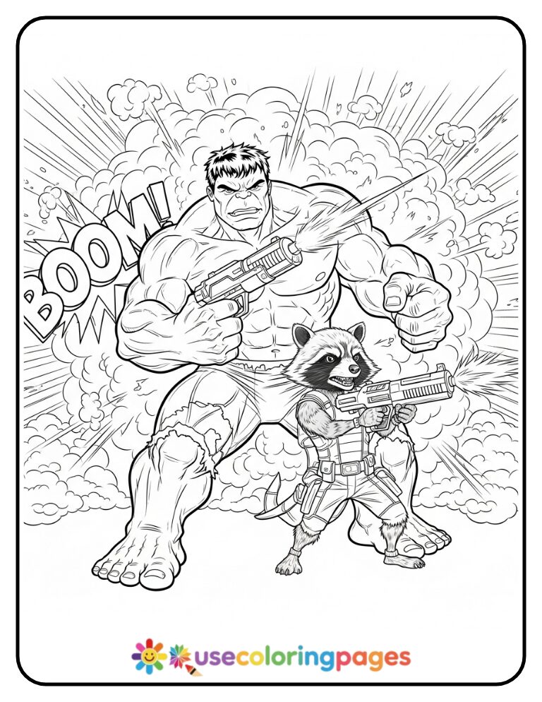 Hulk And Rocket Raccoon Team Fire Coloring Page Printable