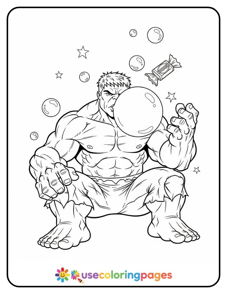 Hulk Blowing A Giant Bubblegum Bubble Coloring Page Printable