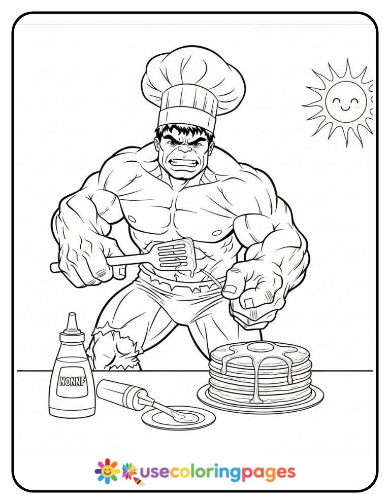 Hulk Dressed As A Chef Flipping Pancakes Coloring Page Printable