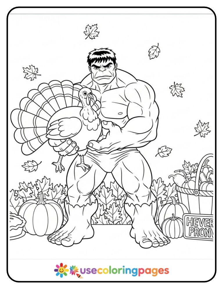 Hulk Holding Turkey For Thanksgiving Coloring Page Printable