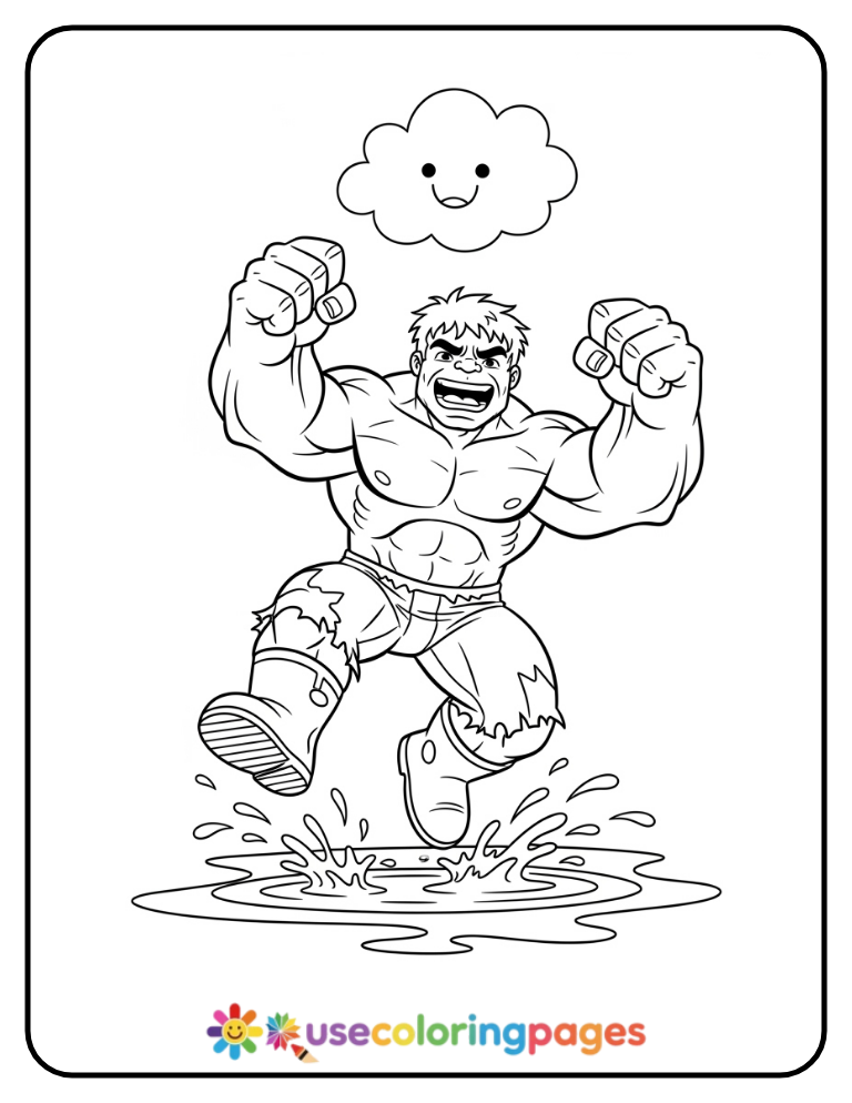 Hulk Jumping In Puddle Coloring Page Printable