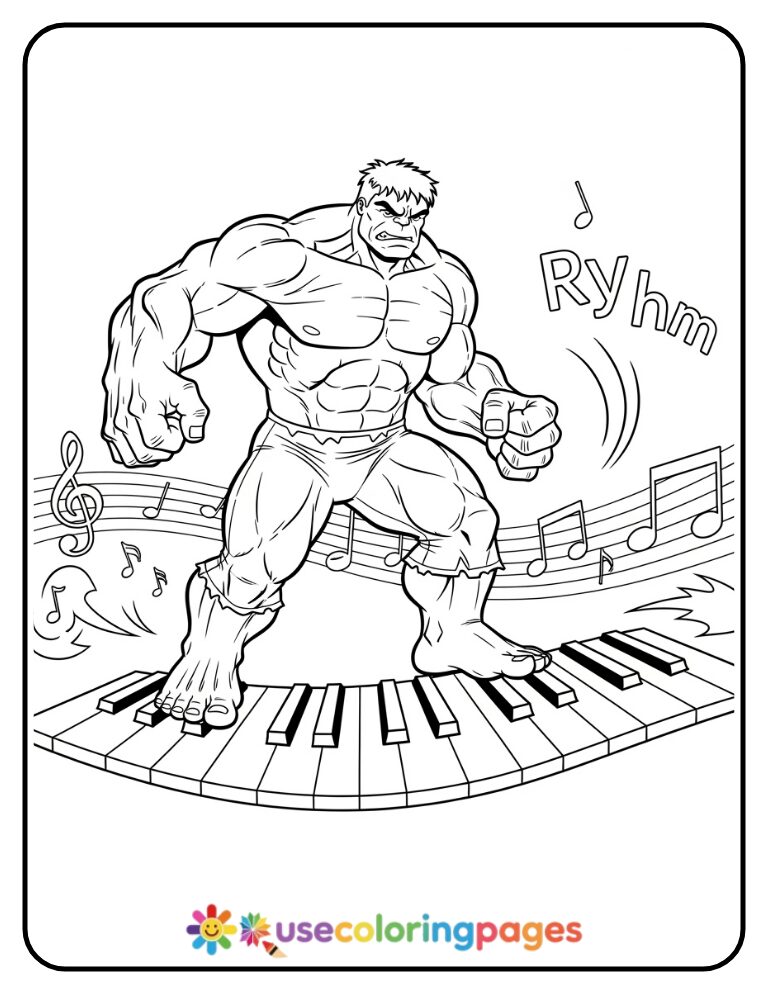 Hulk Playing Giant Piano With Feet Coloring Page Printable