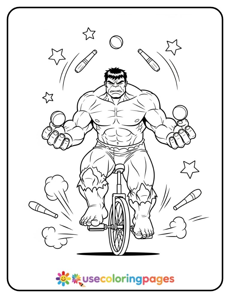 Hulk Riding A Unicycle While Juggling Coloring Page Printable