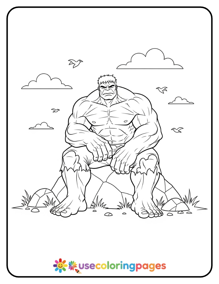 Hulk Sitting Calmly On Rock Coloring Page Printable