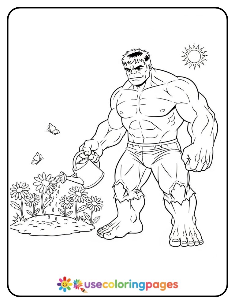 Hulk Watering Flowers Coloring Page Printable