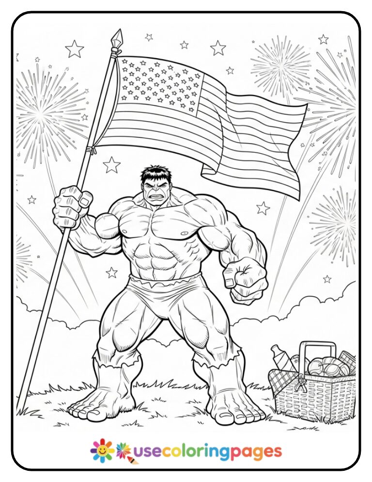 Hulk Waving Flag On Independence Day Coloring Page