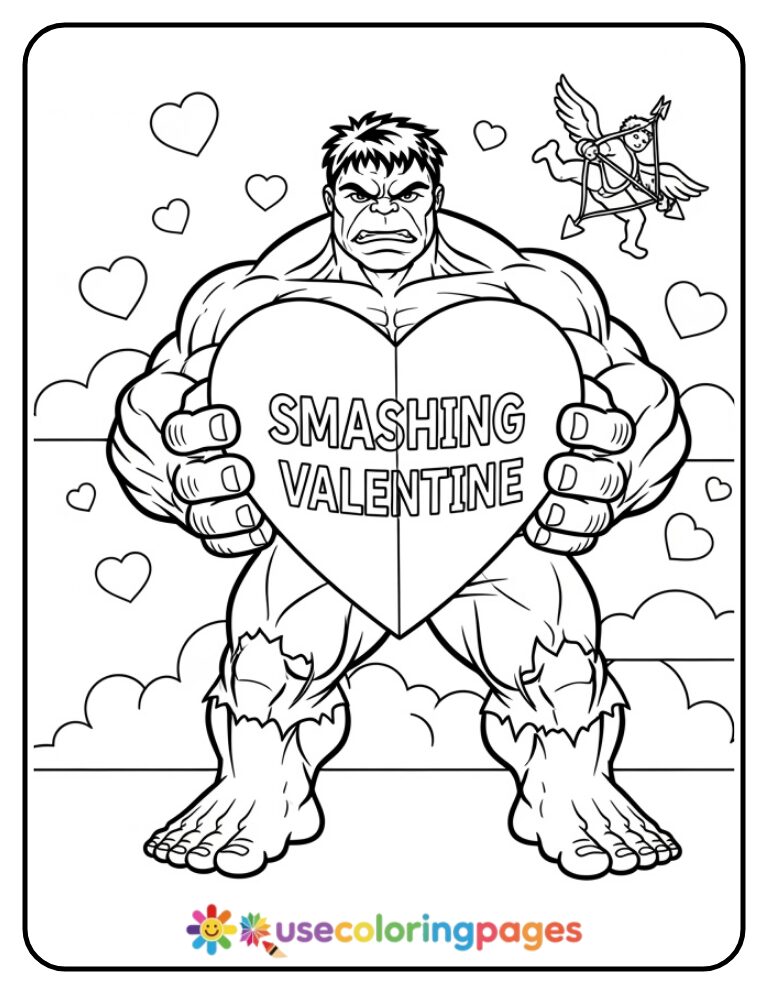 Hulk With Valentine Hearts Coloring Page Printable