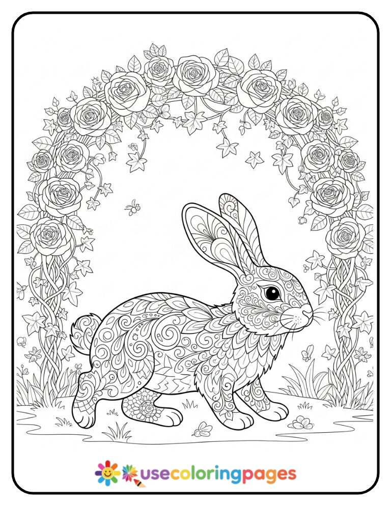 Intricate Bunny in a Garden Archway Coloring Page