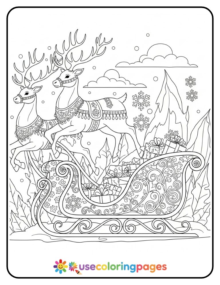 Intricate Santa’s Sleigh with Reindeer Coloring Page