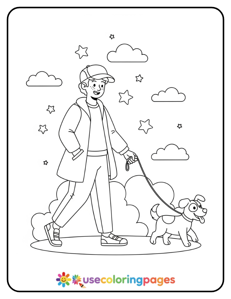 Joyful Dog Walking Coloring Page Printable