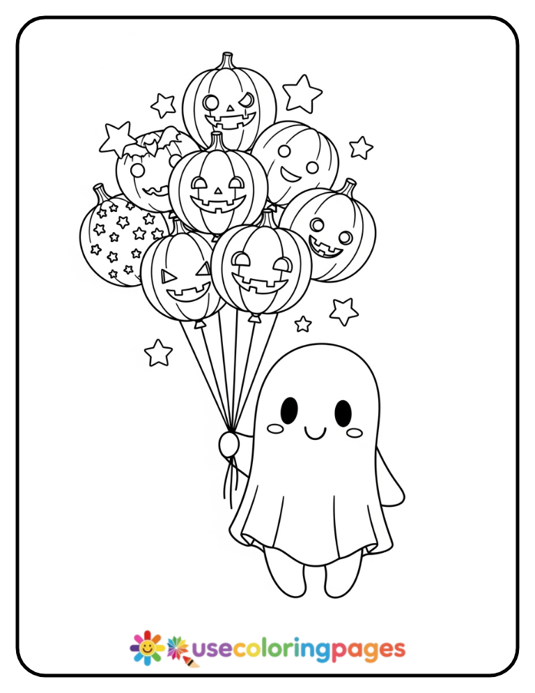 Kawaii Ghost Balloon Coloring Page Printable