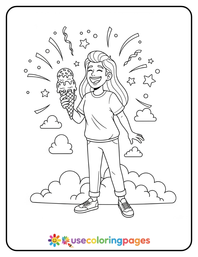 Laughing Ice Cream Cone Coloring Page Printable