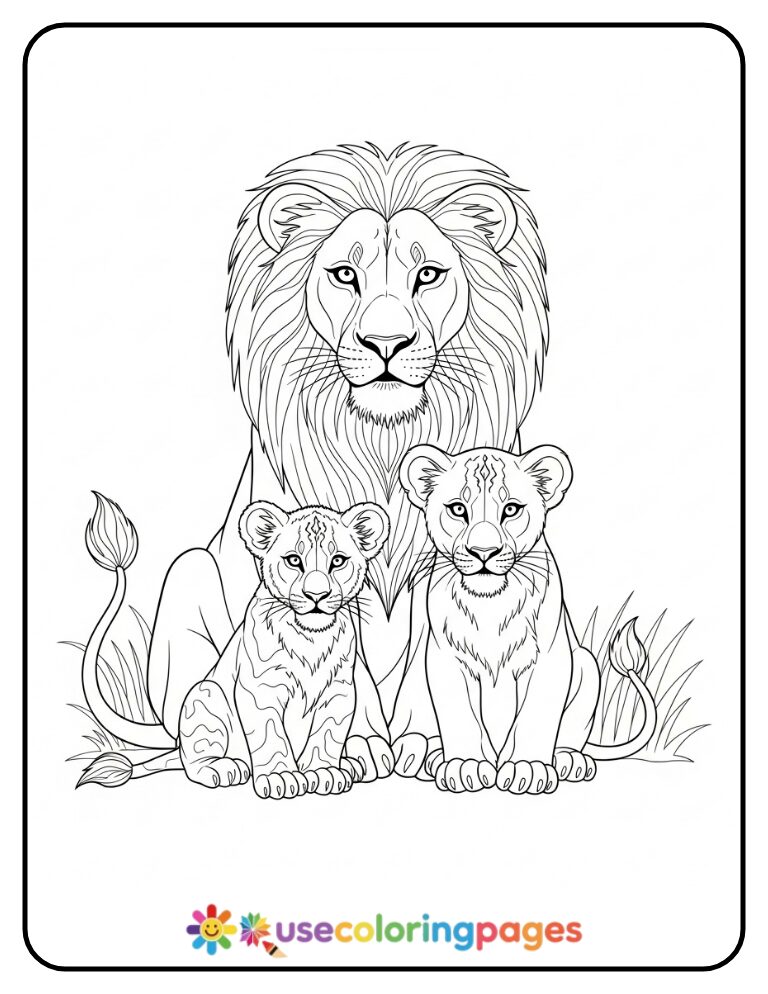 Lion Family Roaring in Heart Formation Coloring Page