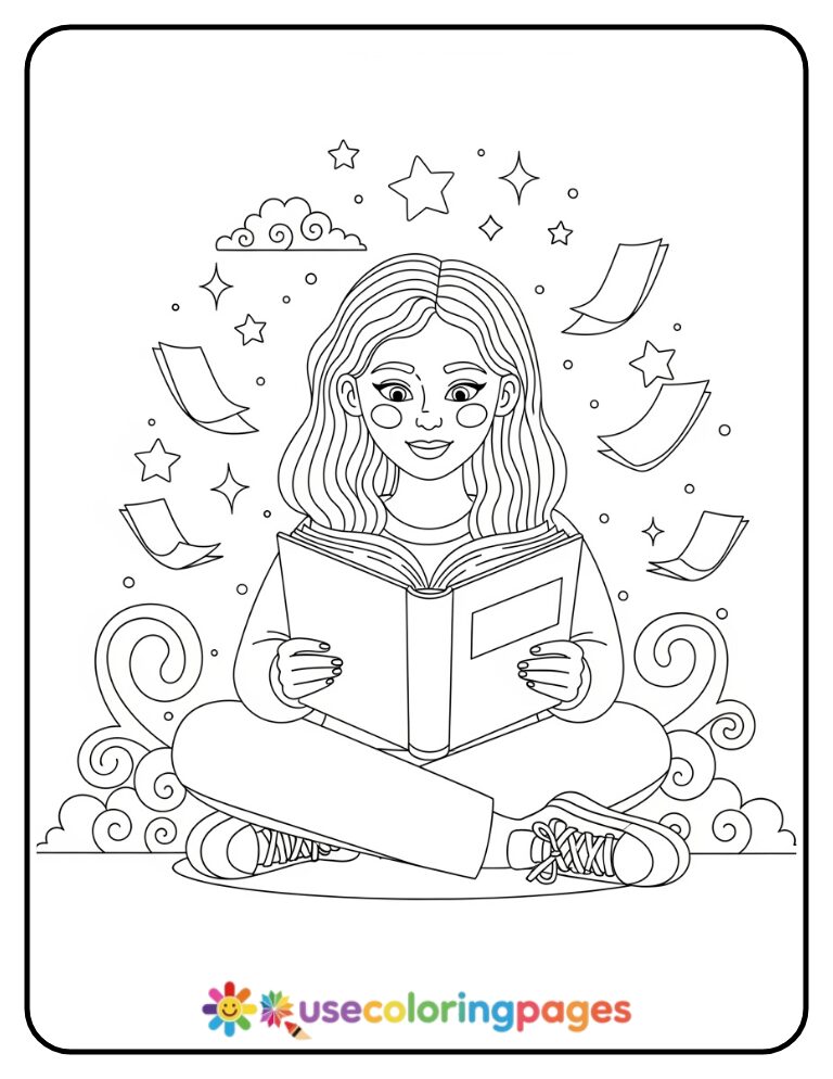 Magical Book Reading Coloring Page Printable