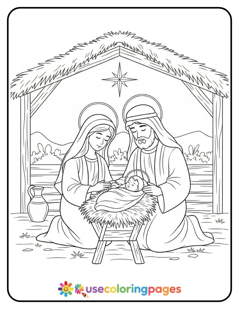 Mary and Joseph Watching Over Baby Jesus Coloring Page
