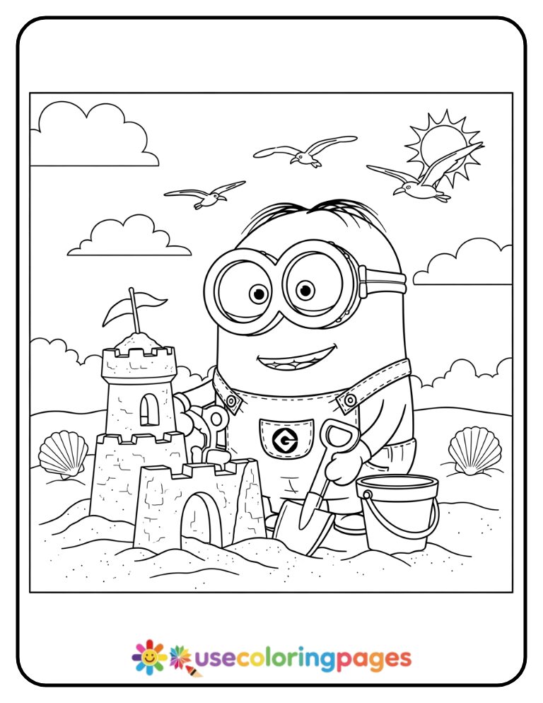 Minion Building a Sandcastle Coloring Page