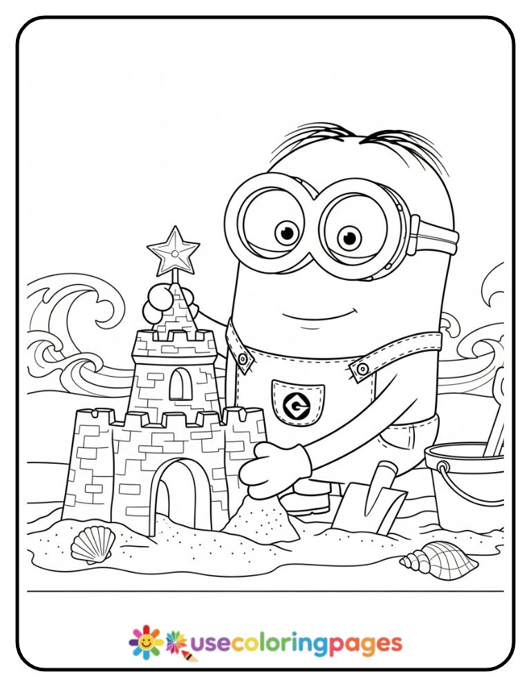 Minion Building a Sandcastle on the Beach Coloring Page